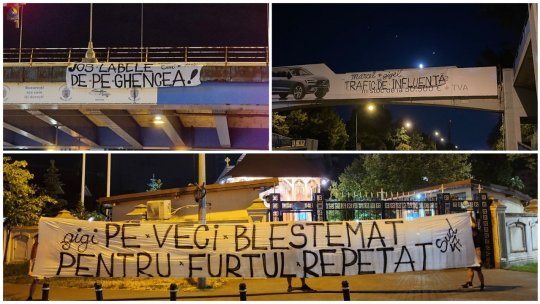 FOTO | ”Jos labele de pe Ghencea”. Peluza Sud a CSA Steaua a umplut Bucureștiul de mesaje anti-Becali și anti-Ciolacu. Ce au putut să afișeze ultrașii în fața unei biserici
