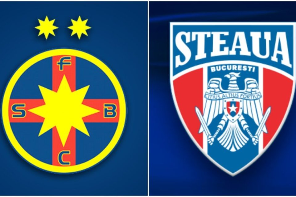 Sigla FCSB-ului, în stânga, și sigla CSA Steaua, în dreapta