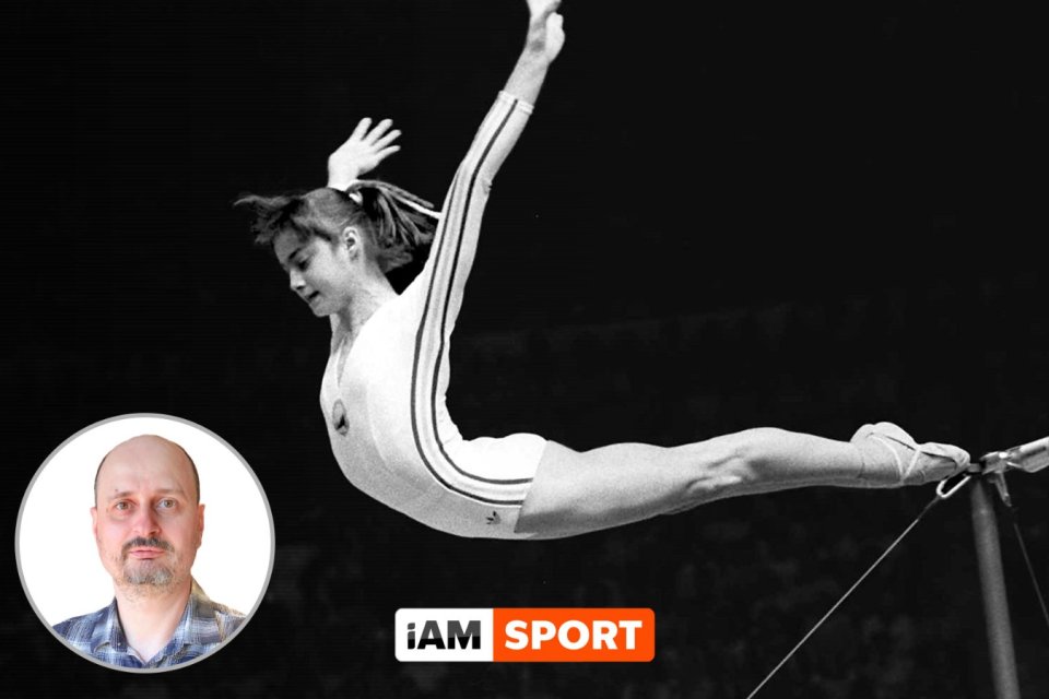 Nadia Comăneci efectuează exercițiul de la paralele, cel care i-a adus prima notă de 10 din istoria Jocurilor Olimpice