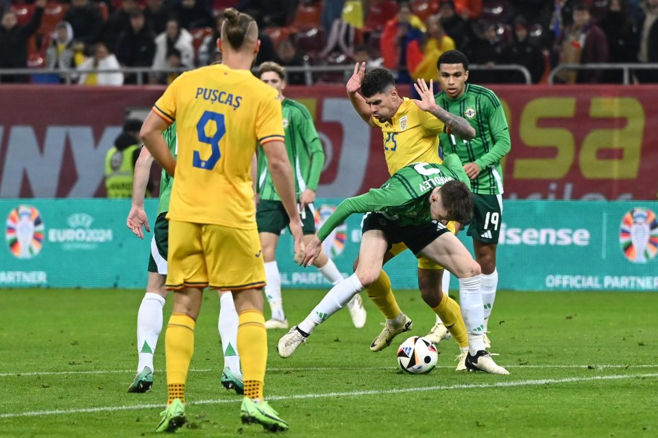 George Pușcaș, Florinel Coman, Conor Bradley și Shea Charles (de la stânga la dreapta) în meciul amical de fotbal dintre România și Irlanda de Nord, desfășurat pe Arena Națională, 22 martie 2024.