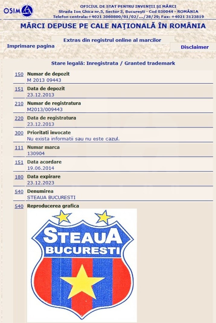 Marca înregistrată de CSA Steaua în decembrie 2013