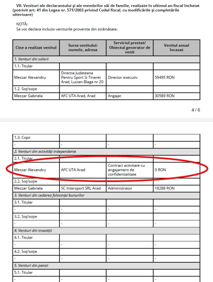 Declarația de avere a lui Alexandru Meszar, în care nu apare suma de 1.314.000 de euro pe care ar fi încasat-o de la UTA