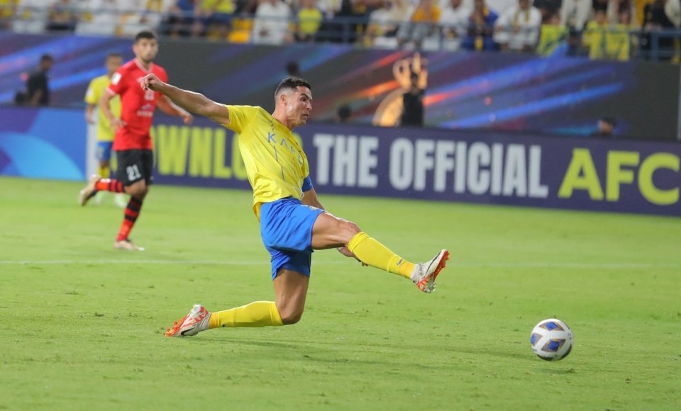 Cristiano Ronaldo în acțiune,  Al-Nassr vs. Istiklol, Grupa E  AFC Champions League, Stadionul Al-Awwal Park din Riyadh, Arabia Saudită, 2 octombrie 2023.