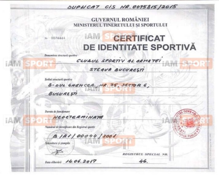 Certificatul de Identitate Sportivă al Stelei a fost emis în octombrie 2001