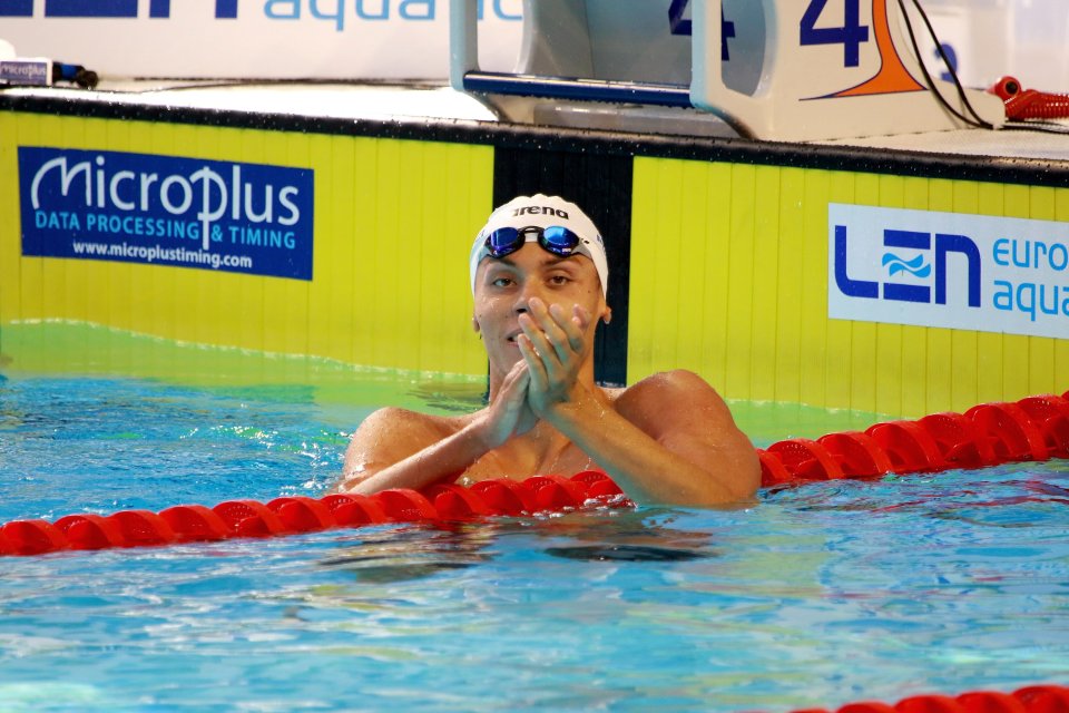 David Popovici la Europenele de natație de juniori 2022, de la Otopeni, unde a câștigat medalia de aur în proba de 100 de metri liber individual masculin,10 iulie 2022