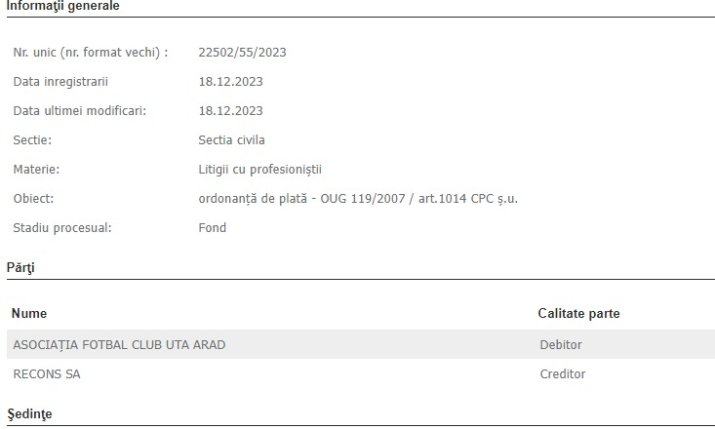 Clubul UTA a fost dat în judecată de RECONS