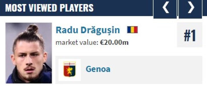 Captură de pe siteul transfermarkt.de care demonstrează că profilul lui Drăgușin este cel mai căutat