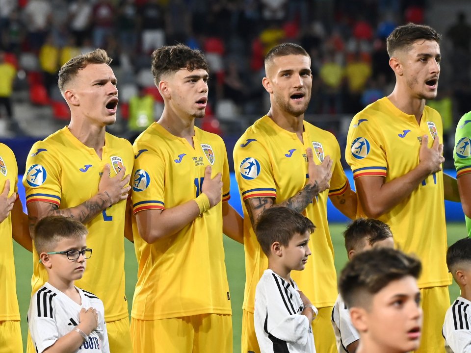 Pantea, Borza, Birligea si Dican canta imnul, Romania U21 vs Spania U21, Campionatul European U21, Stadionul Steaua, Bucuresti, 21 iunie 2023