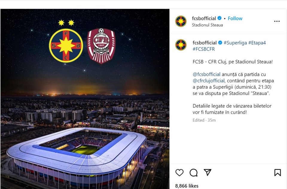 FCSB a anunțat oficial că derby-ul cu CFR Cluj se joacă pe stadionul Steaua