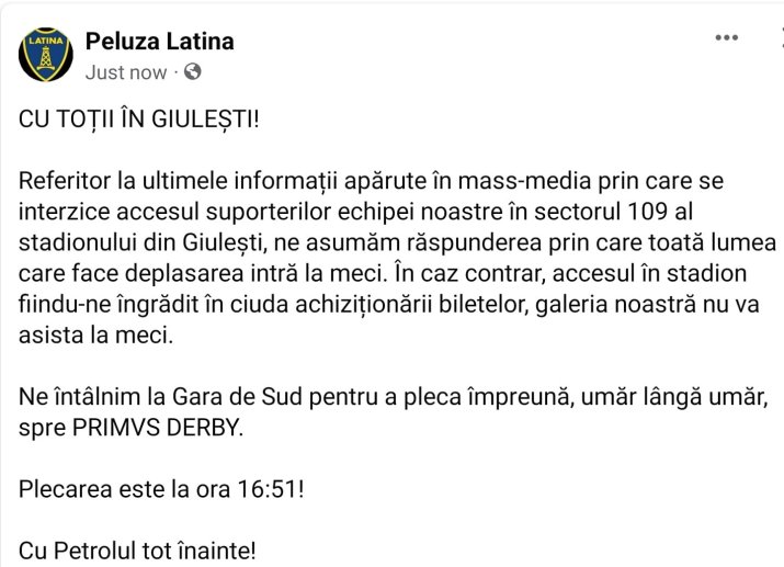 Mesajul transmis de Peluza Latină, una dintre grupările importante de suporteri ale Petrolului