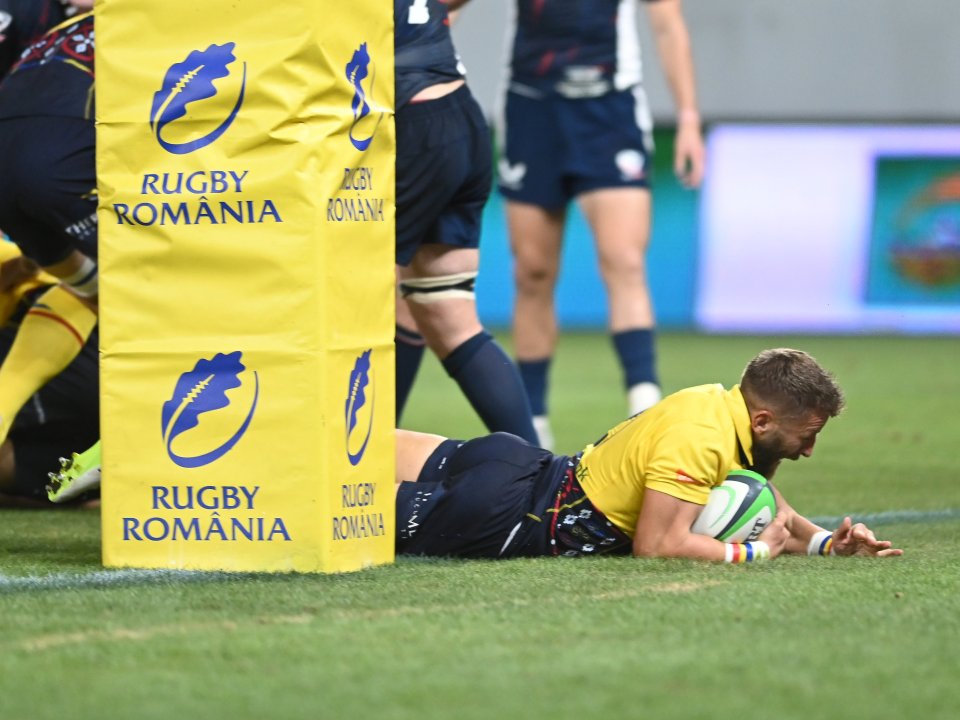 Florin Surugiu reușește un eseu la meciul test de rugby dintre România și SUA, desfășurat pe Stadionul Național Arcul de Triumf din București, 5 august 2023