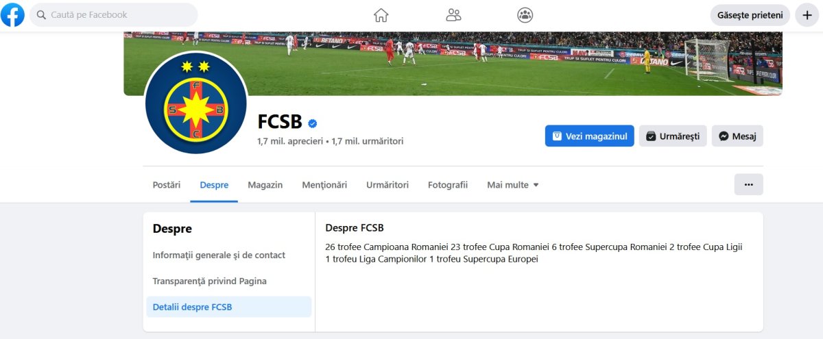 Pagina de Facebook a FCSB arată palmaresul echipei ca fiind continuatoarea echipei Steaua