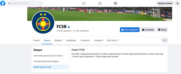 Pagina de Facebook a FCSB arată palmaresul echipei ca fiind continuatoarea echipei Steaua