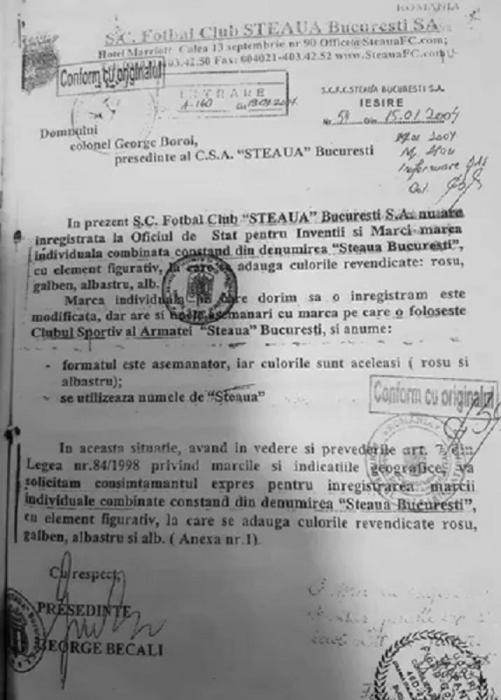 În ianuarie 2004, Gigi Becali a cerut acceptul CSA Steaua pentru a înregistra marca, dar a fost refuzat. Totuși, el a înregistrat-o la OSIM