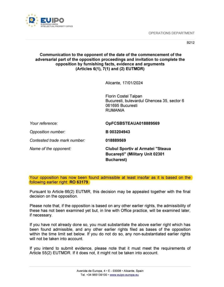 Documentul prin care EUIPO a înștiințat-o pe CSA Steaua că a admis cererea lui Talpan