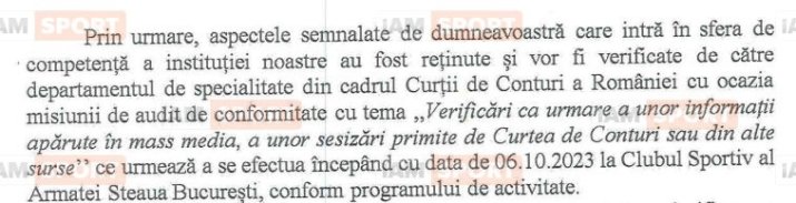 Pe 6 octombrie 2023, Curtea de Conturi a pornit un control la CSA Steaua