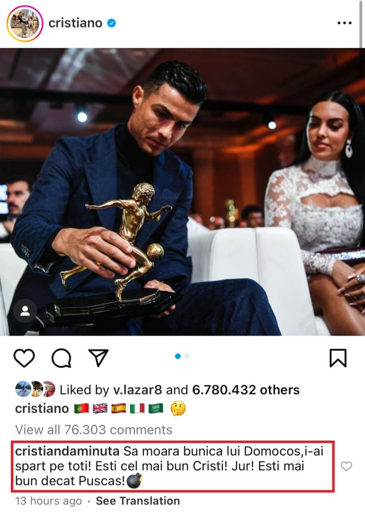Comentariul lui Cristian Daminuță, la postarea lui Cristiano Ronaldo