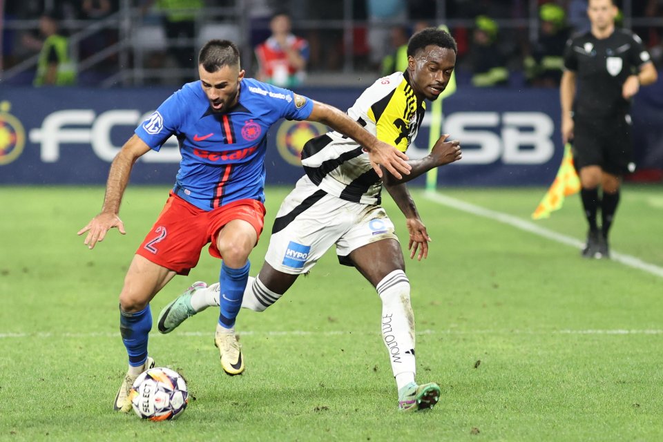 Valentin Crețu și Lenny Pintor în meciul de fotbal dintre FCSB și Lask Linz, contând pentru Play-Off -ul UEFA Europa League, desfășurat pe Stadionul Steaua din București, joi 29 august 2024.