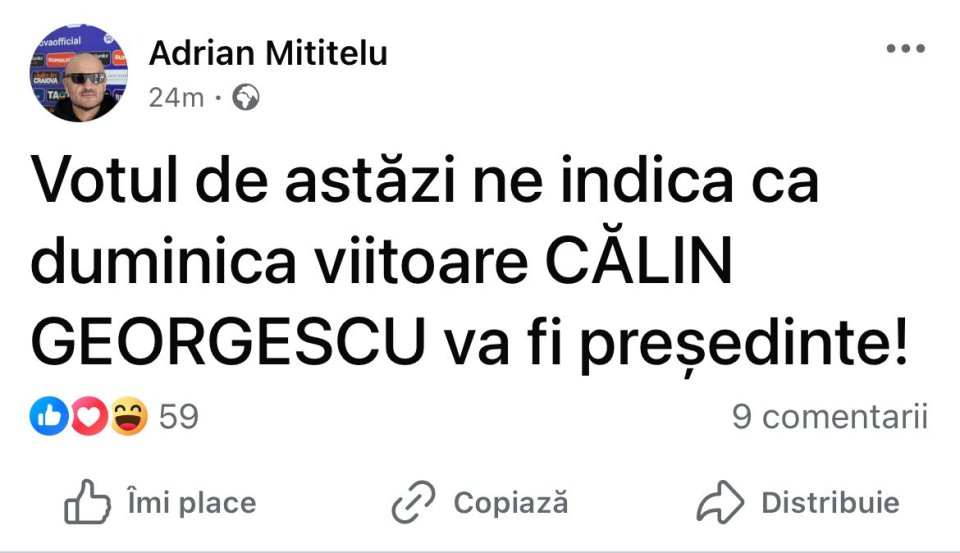 Mesajul postat de Adrian Mititelu.