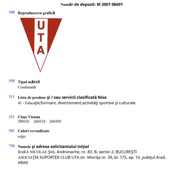 Marca UTA este deținută de Suporter Club UTA