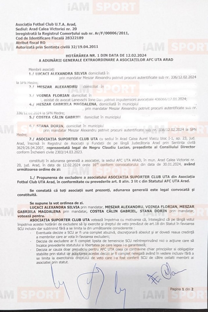 Documentul oficial de la Adunarea Generală a AFC UTA 1/2