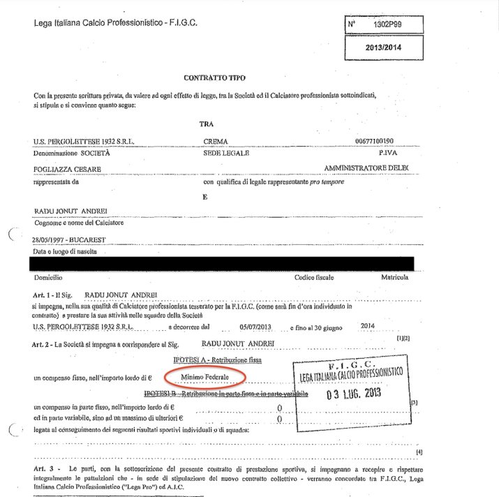 Contractul de profesionist semnat de Ionuț Radu cu Pergolettese în iulie 2013