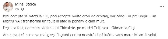 Mesajul postat pe Facebook de MM Stoica după FCSB - Farul