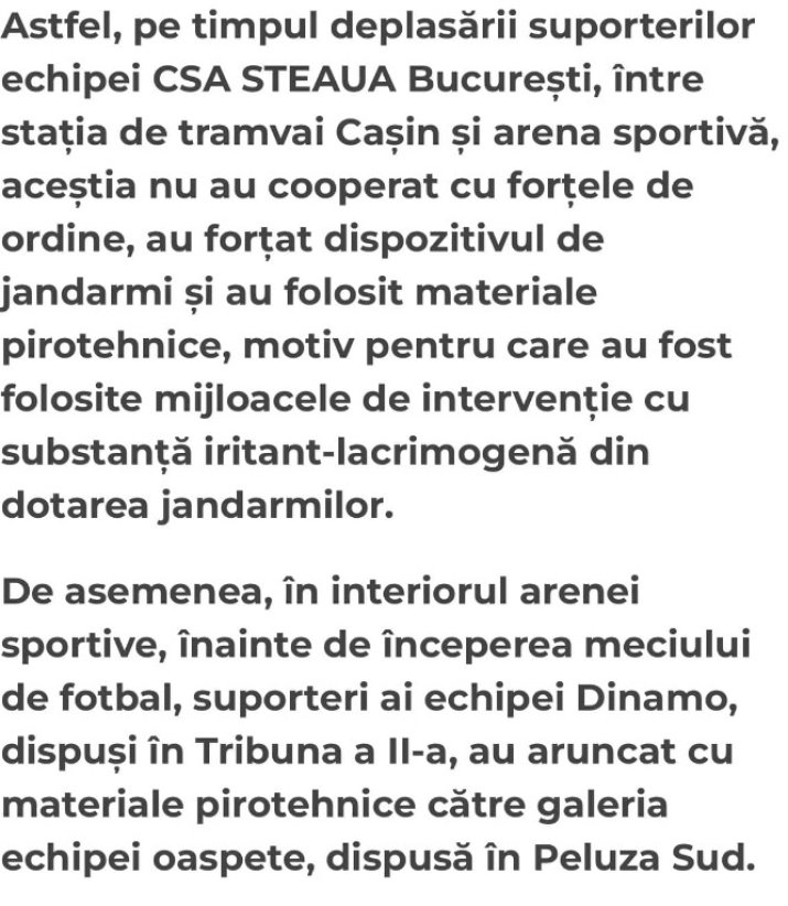Comunicatul Jandarmeriei cu privire la implicare fanilor CSA Steaua în incidentele de vineri seară