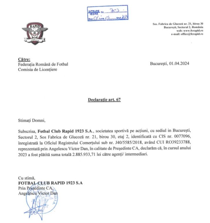 Acesta este documentul trimis de Rapid la Federația Română de Fotbal