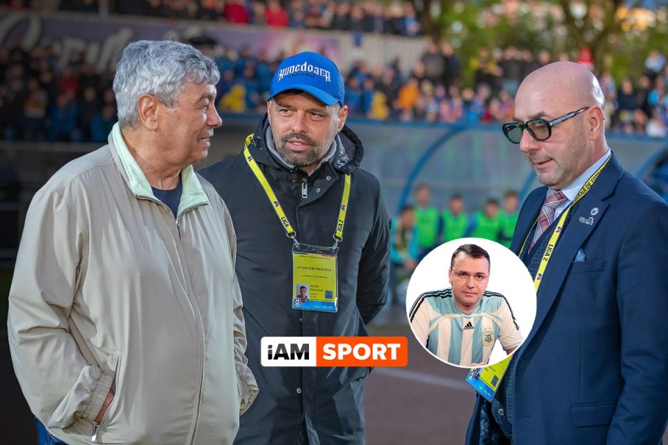 Mircea Lucescu, Florin Maxim și Anton Heleșteanu (de la stânga la dreapta) la startul meciului de fotbal dintre Corvinul Hunedoara și CFR Cluj, contând pentru Cupa României Betano - sferturi de finală, desfășurat pe Stadionul ”Michael Klein” din Hunedoara, 2 aprilie 2024