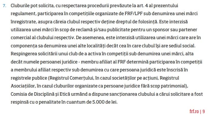 Articolul din ROAF care permite unui club să joace cu denumirea de marcă