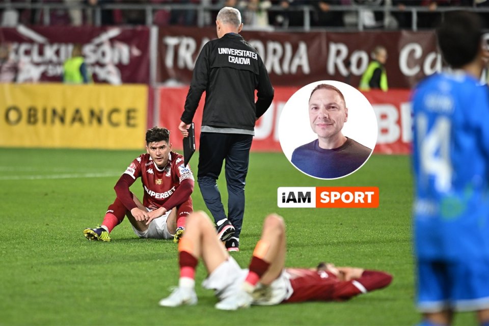 Cristi Săpunaru (stânga) la pământ după meciul de fotbal Rapid - Universitatea Craiova 1-2, din cadrul play-off-ului Superligii Superbet, desfășurat pe Superbet Arena-Giulesti din București, 29 aprilie 2024