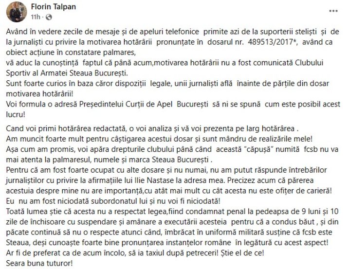 Postarea prin care Florin Talpan a transmis mesajul său după motivarea unei decizii vitale în scandalul palmaresului istoric al Stelei