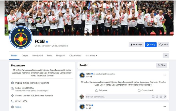 FCSB și-a updatat zilele trecute contul de Facebook și și-a trecut 27 de titluri