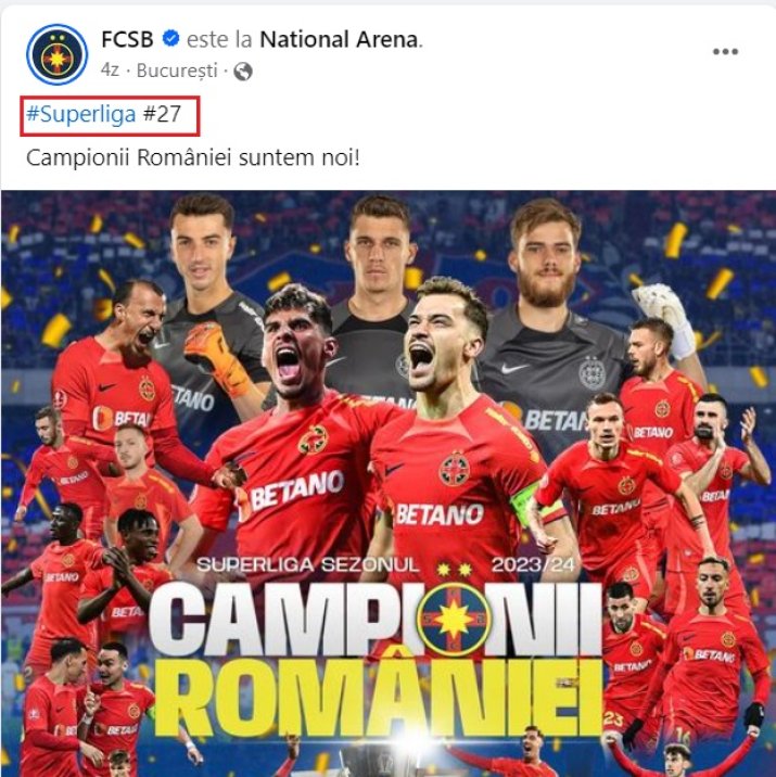 FCSB a utilizat hashtagul #27, cu aluzie numărul de titulari pe care l-ar avea dacă ar deține palmaresul Stelei