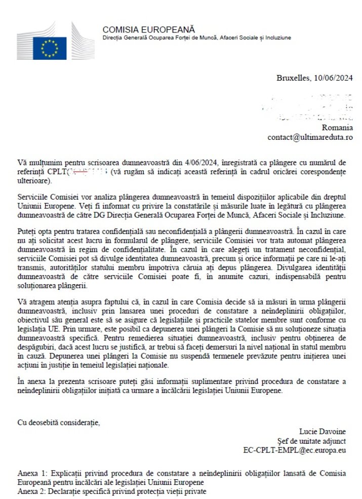 Răspunsul primit de ”Ultima Redută” de la Comisia Europeană