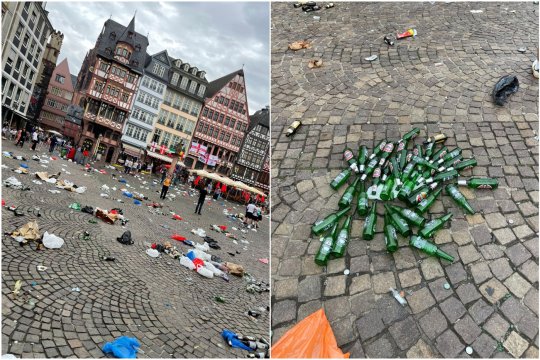 Englezii au ”devastat” piața Romerberg din Frankfurt înaintea meciului cu Danemarca! Cum arăta centrul orașului doar câteva ore mai târziu