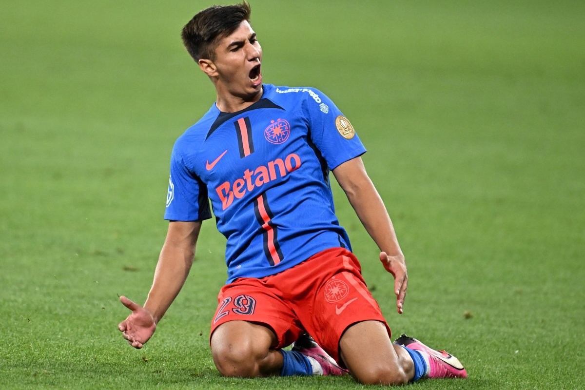 Alexandru Musi se bucură dupa golul marcat în meciul FCSB - U Cluj 1-1, contând pentru Superliga Superbet, desfășurat pe Stadionul Steaua-Ghencea din București, 13 iulie 2024