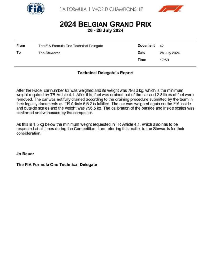 Cum arată adresa delegatului FIA în care se notează diferența de doar 2 kg de greutate a monopostului