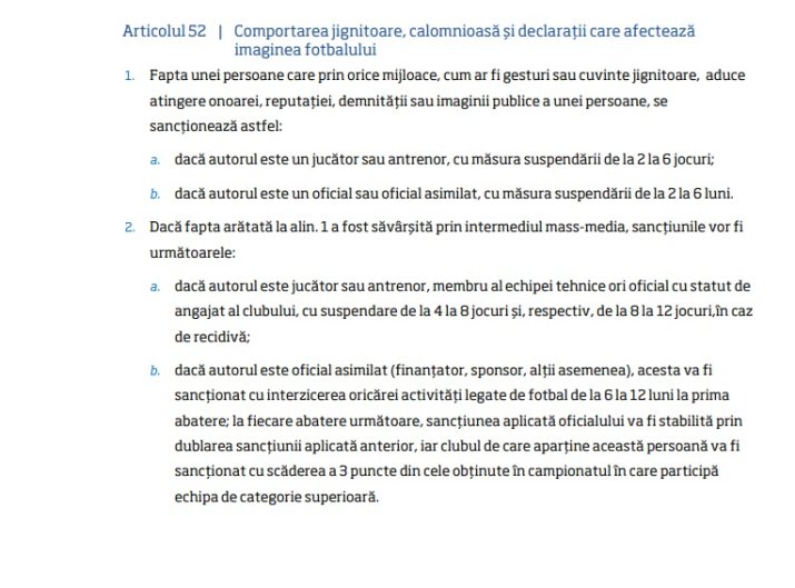 Articolul 52 din Regulamentul Disciplinar al FRF