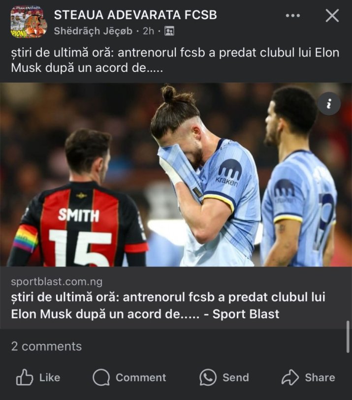 Așa arată una dintre postările false la care făceau referire oficialii clubului FC Argeș