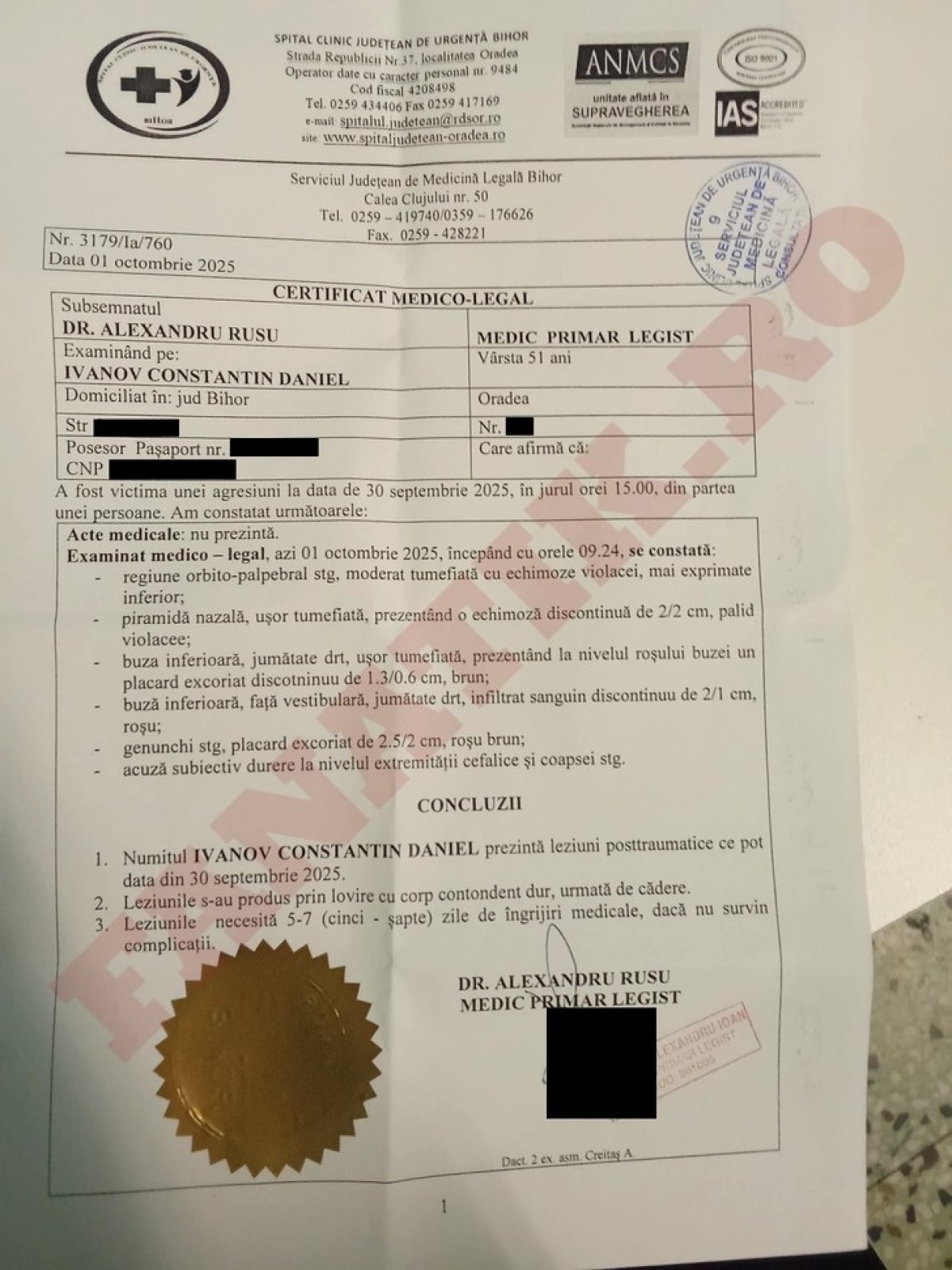 Certificatul medico-legal, după ce Ivanov a fost bătut