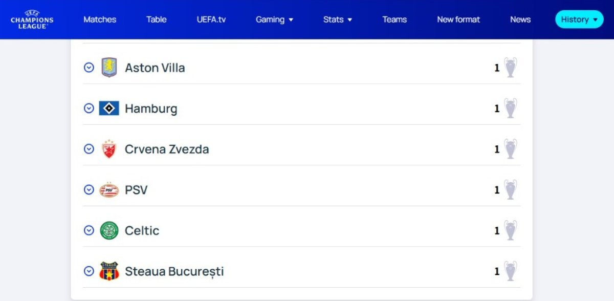 Steaua București apare ca deținătoarea Cupei Campionilor din 1986