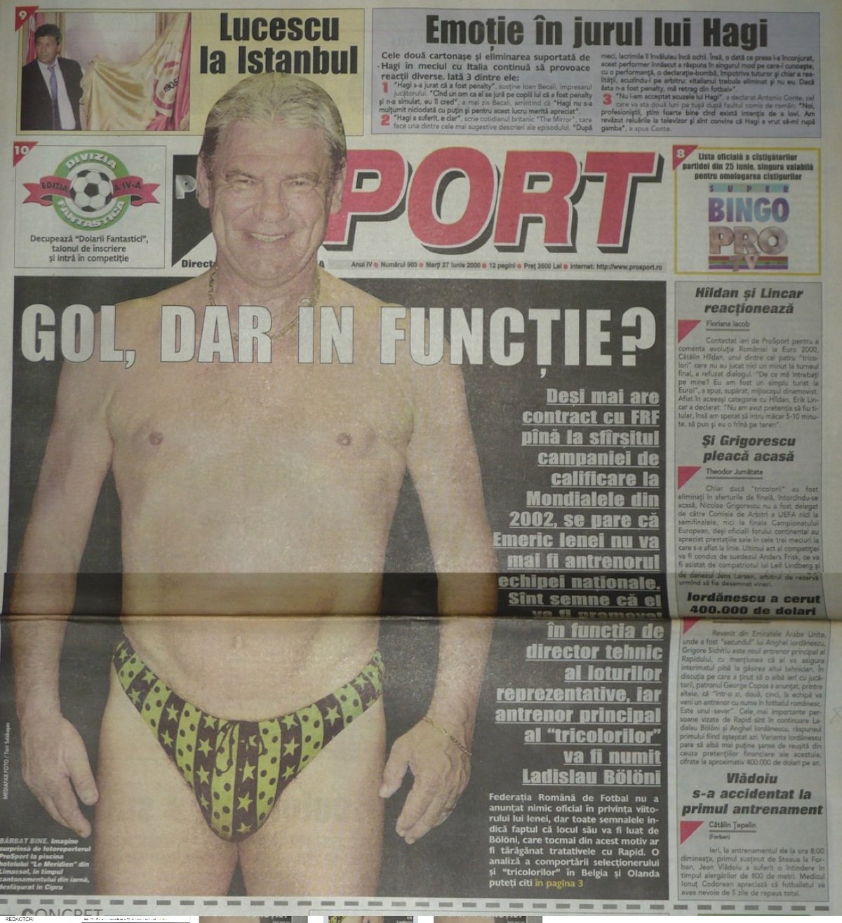 Poza de prima pagină din Prosport după eliminarea României de la Euro 2000