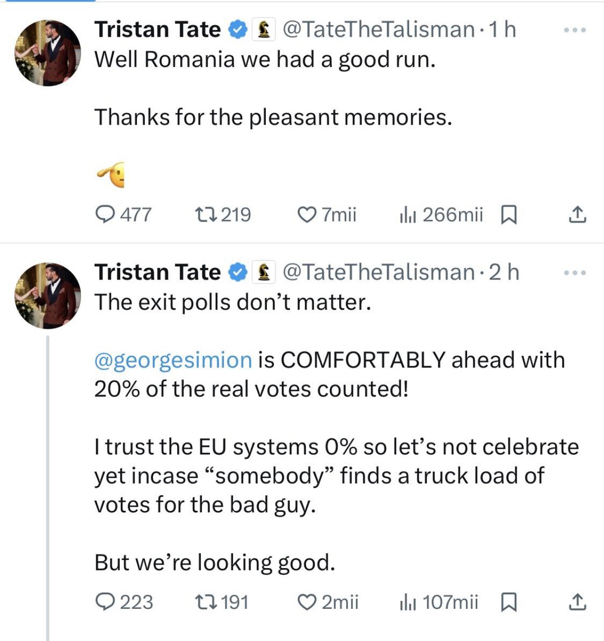 Mesajul lui Tristan Tate după ce Nicușor Dan a câștigat alegerile