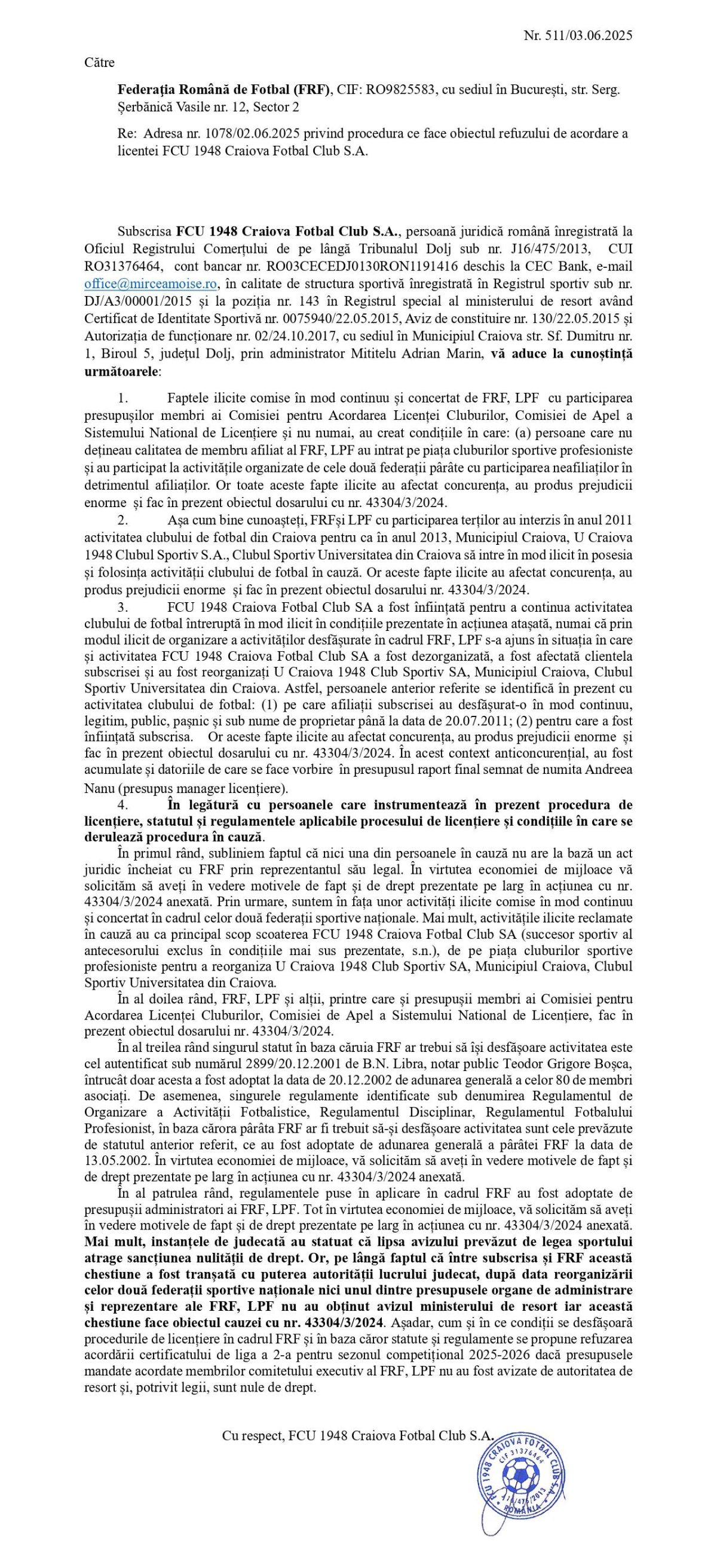 Documentele depuse de FCU Craiova la Comisia de Licențiere