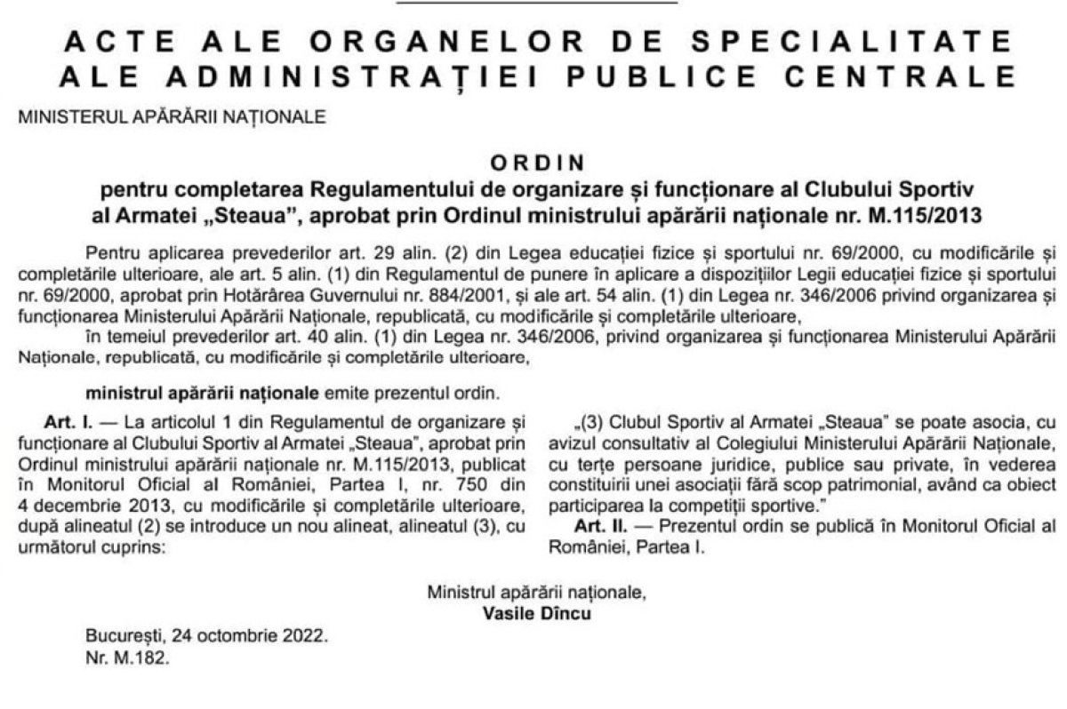 Ordinul semnat de Vasile Dîncu în ultima zi de mandat ca ministru al Apărării, prin care i se permite Stelei să se asocieze