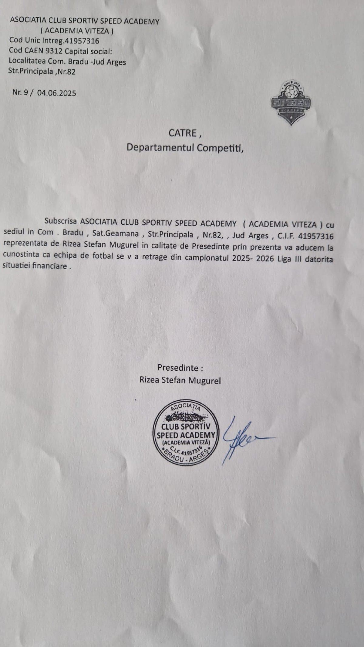 Actul prin care clubul piteștean și-a anunțat retragerea