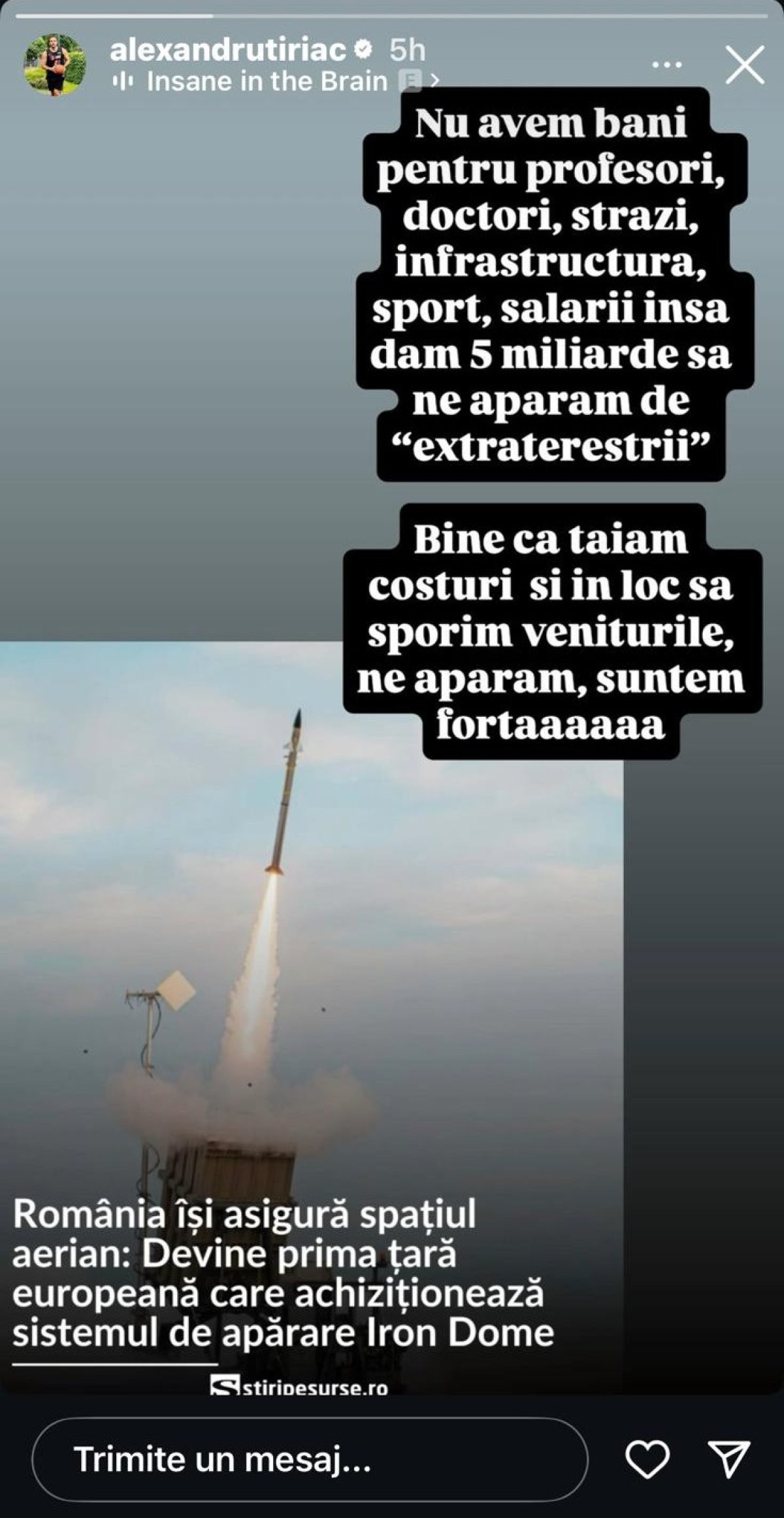 Mesajul postat de Alexandru Țiriac pe Instagram