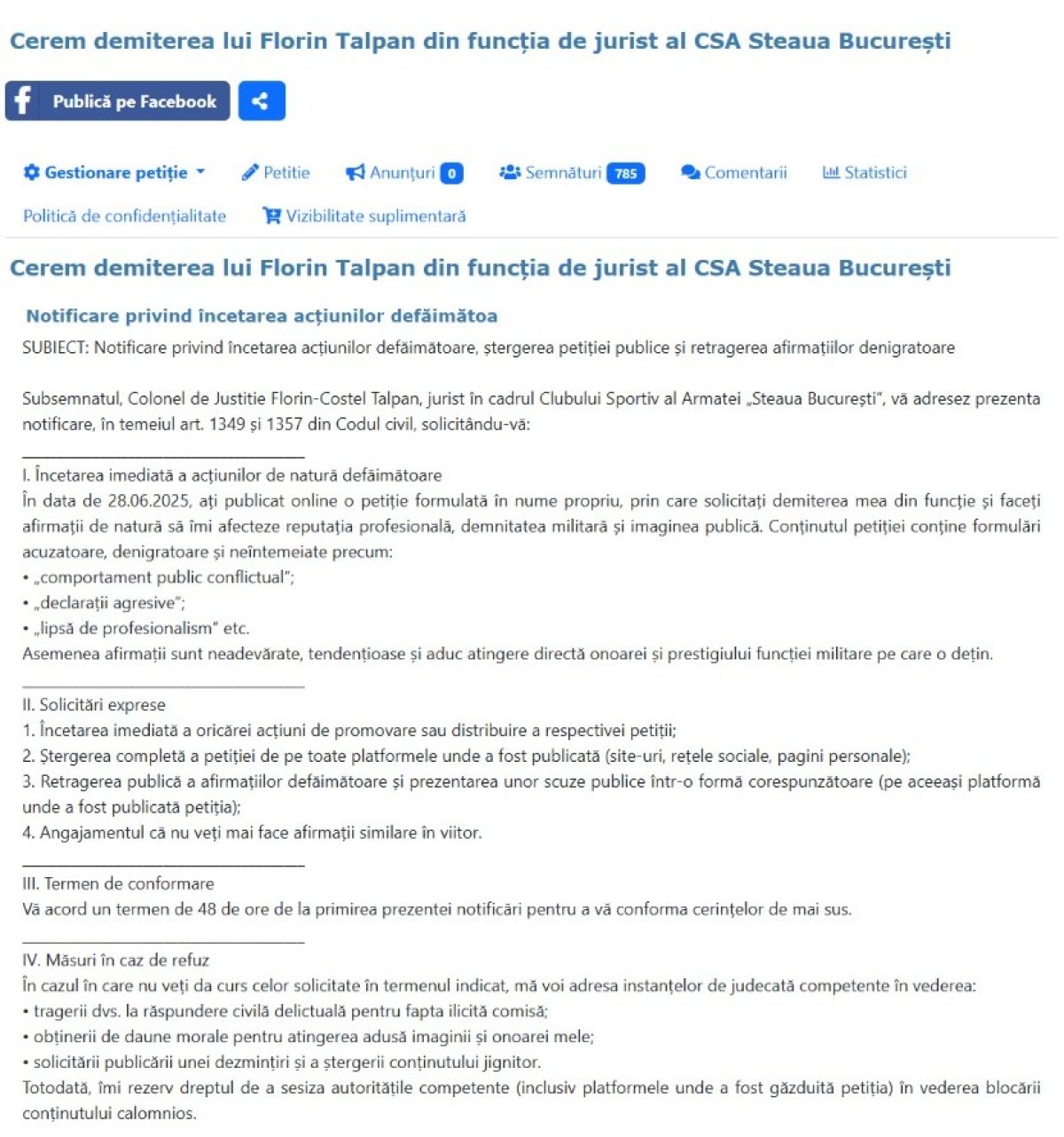 Mail-ul primit de inițiatorul petiției de la o persoană care pretinde că este Florin Talpan